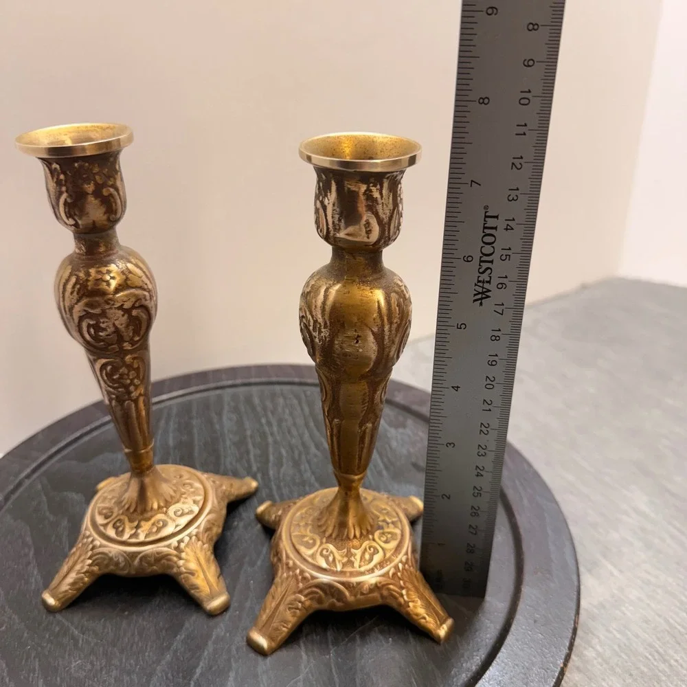 Vintage Brass Taper Candlestick Holders Pair Ornate Victorian Style Floral 7.5in